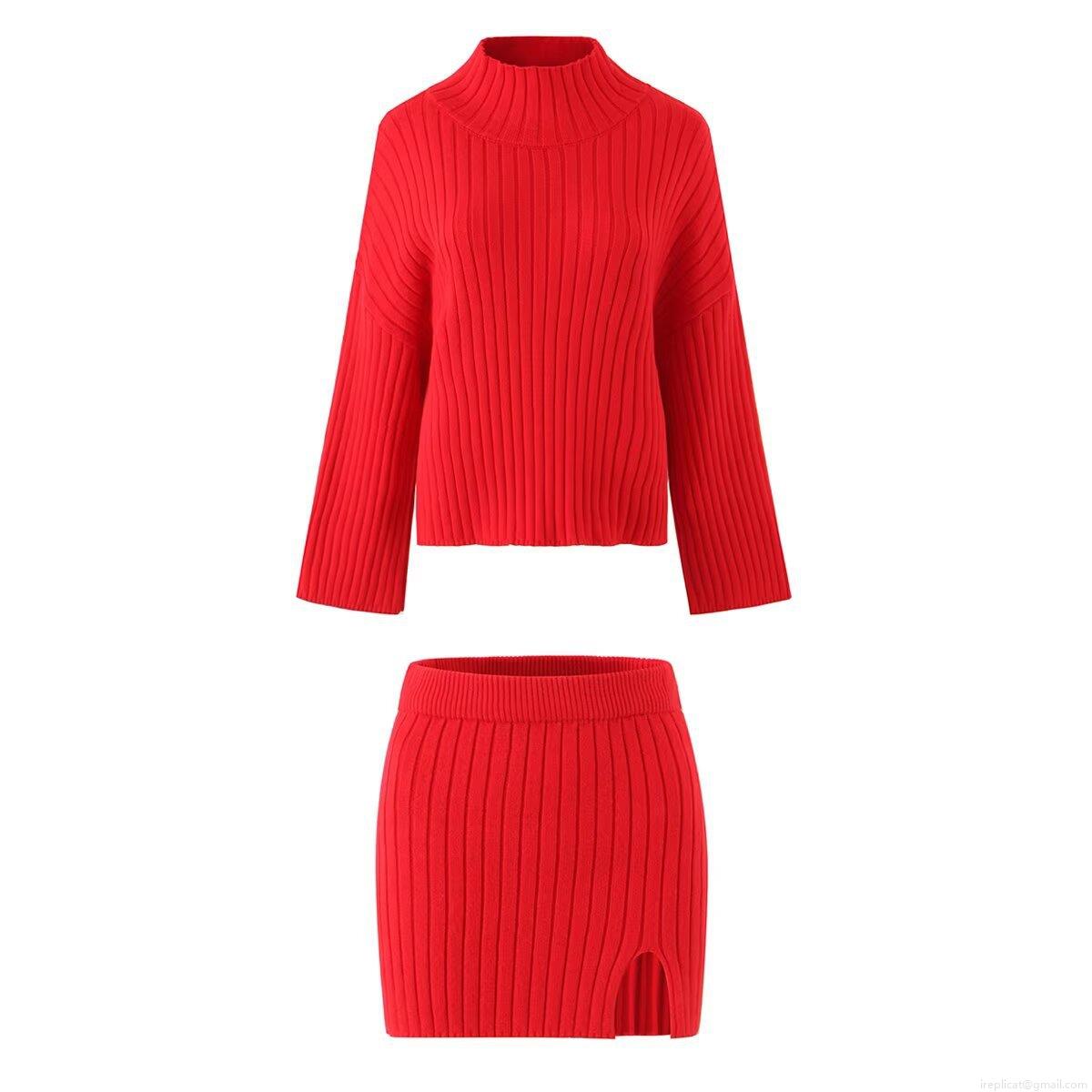 Women\'s Ribbed Knit Two Piece Set High Neck Long Sleeve Sweater and Side Slit Mini Skirt Solid Color Casual Streetwear Outfit Fall Winter Spring Apparel