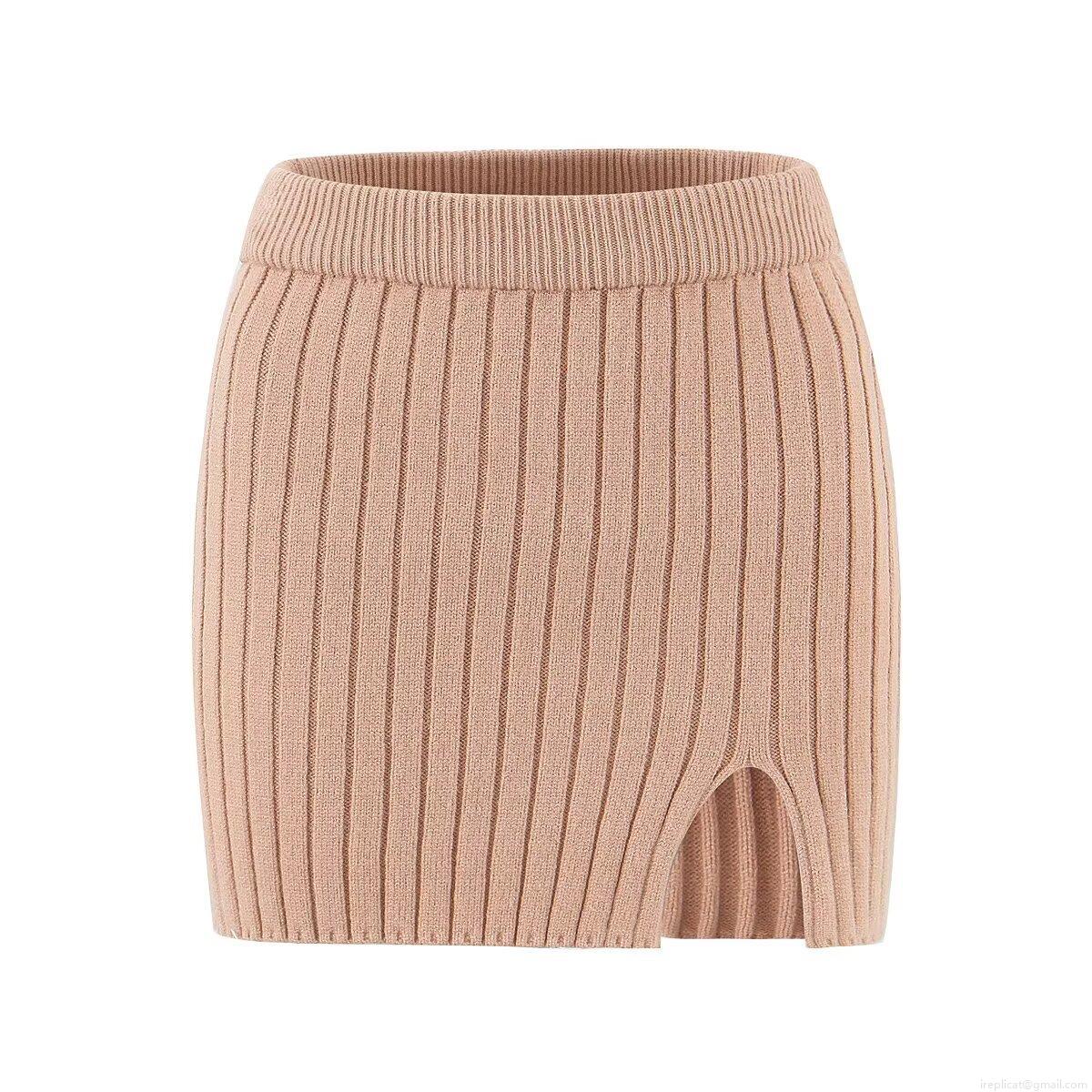 Women\'s Ribbed Knit Two Piece Set High Neck Long Sleeve Sweater and Side Slit Mini Skirt Solid Color Casual Streetwear Outfit Fall Winter Spring Apparel