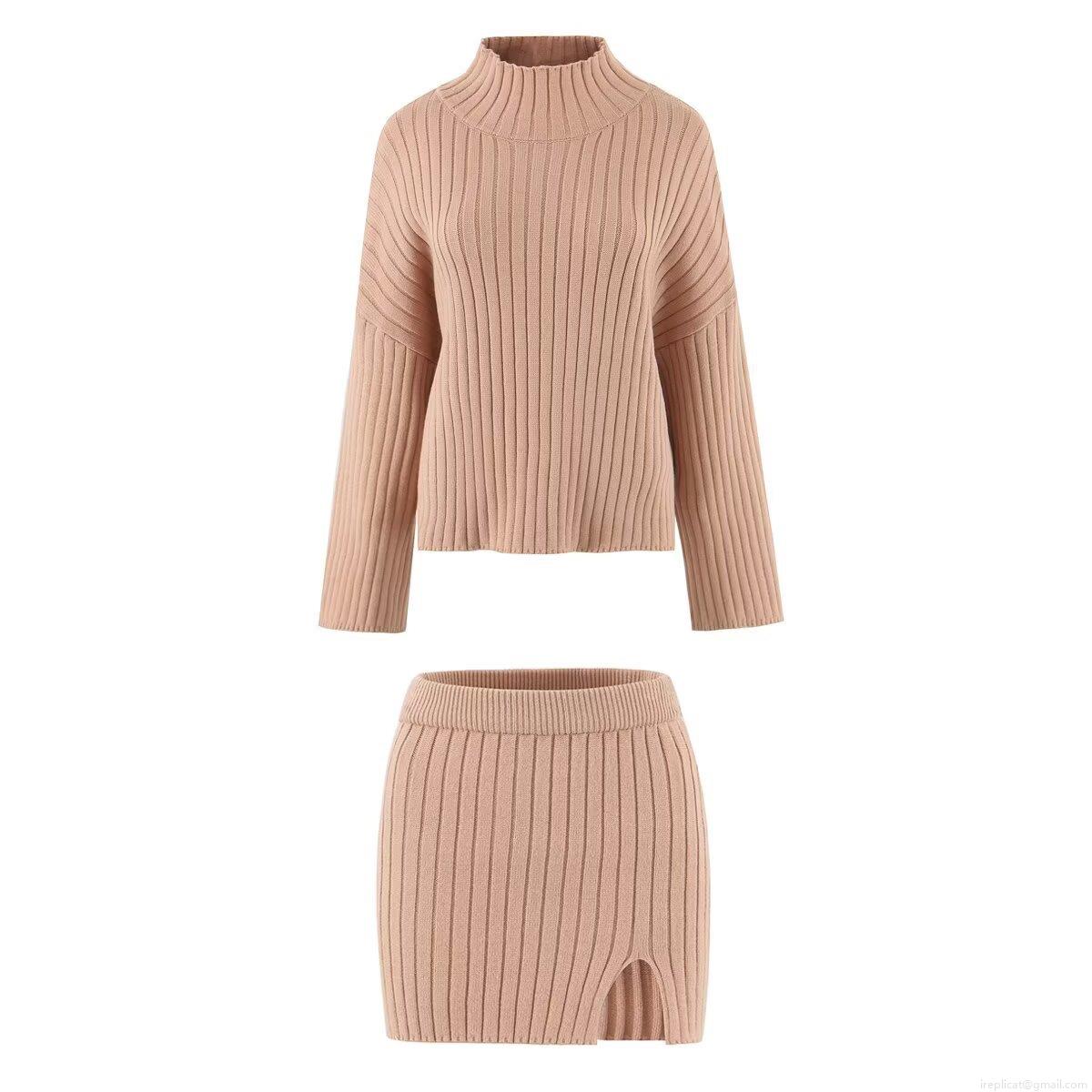 Women\'s Ribbed Knit Two Piece Set High Neck Long Sleeve Sweater and Side Slit Mini Skirt Solid Color Casual Streetwear Outfit Fall Winter Spring Apparel