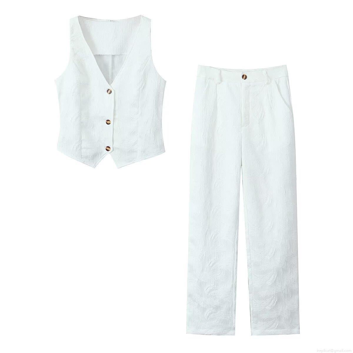 Women's 2 Piece Outfits Sets V Neck Button Down Vest Waistcoat and High Waisted Straight Leg Pants Set Textured Jacquard Fabric Casual Streetwear Suits for Women