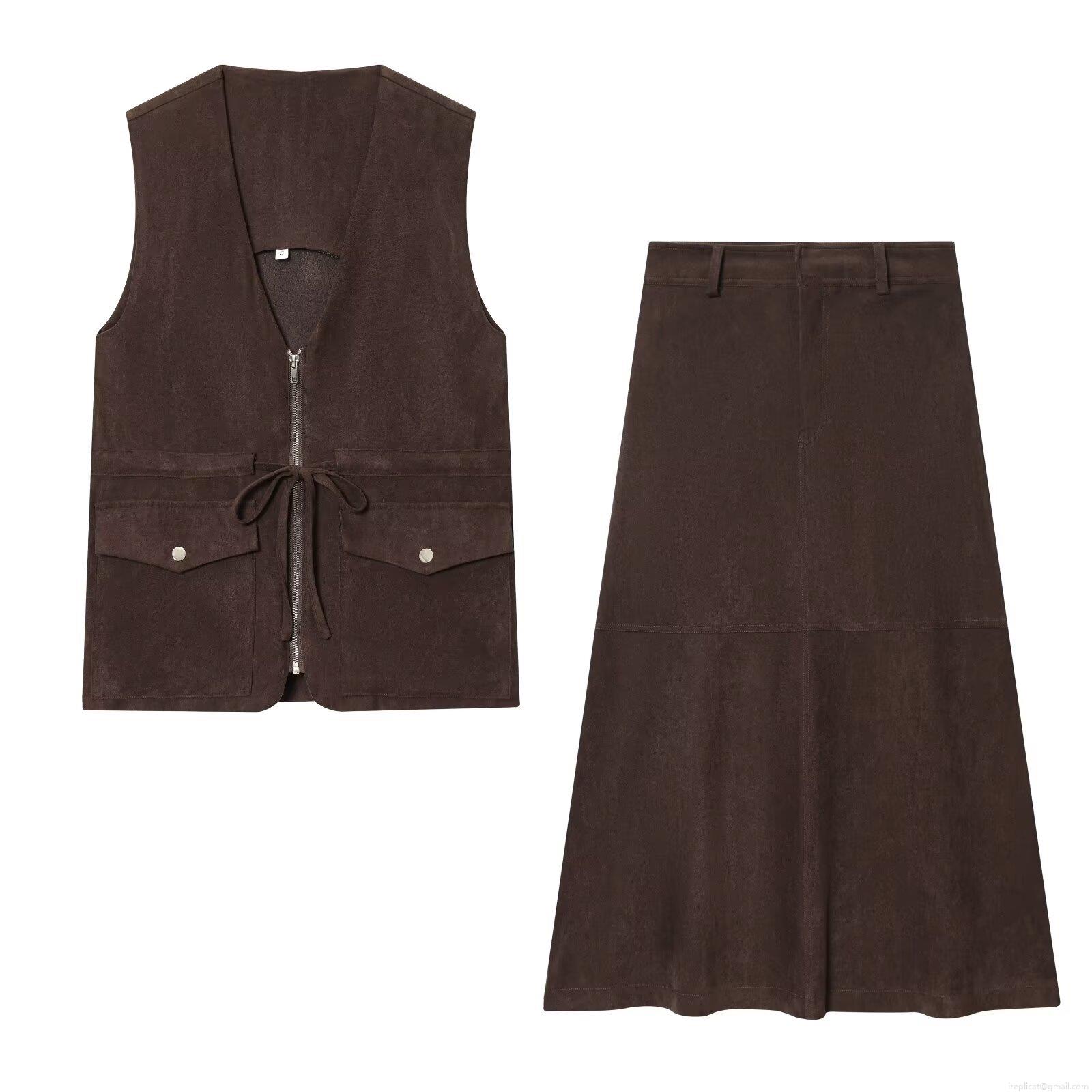 Women's 2 Piece Faux Suede Skirt Set V Neck Zip Up Vest With Pockets and High Waist A-Line Midi Skirt Solid Color Casual Streetwear Outfits