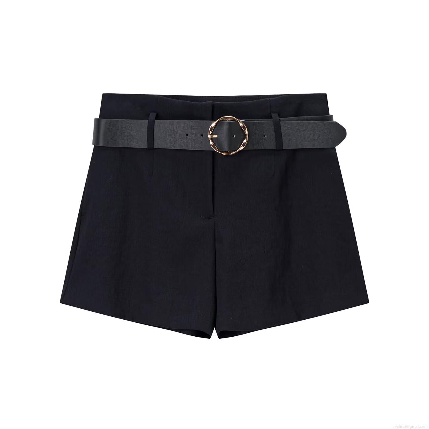 Women\'s Autumn Casual Long Sleeve Short Windbreaker Jacket and High Waist Belted Shorts Two Piece Set Solid Polyester Elegant Outfit with Gold Buttons for Ladies Office Commute