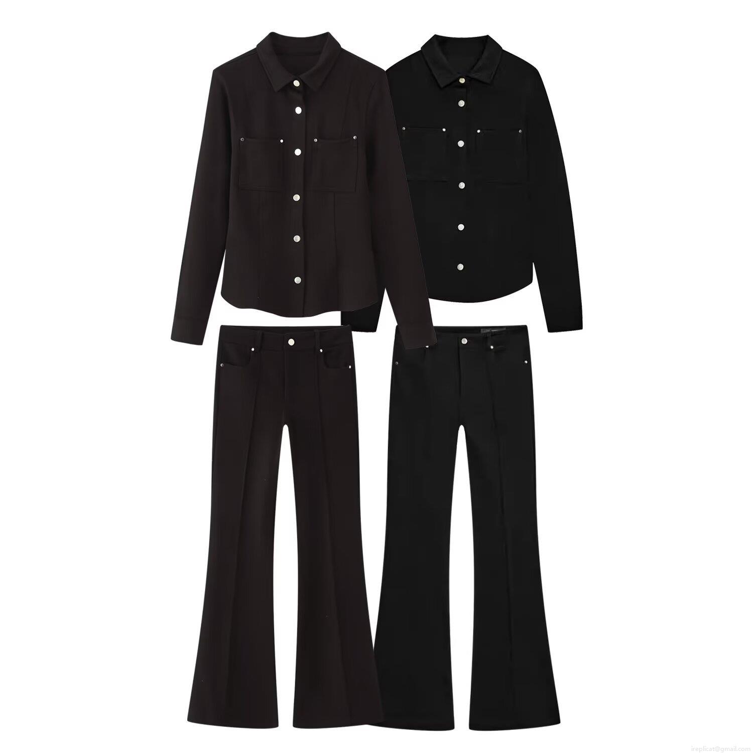 Women's Fashion Slim Fit Crepe Long Sleeve Shirt And Low Waist Flare Pants Two Piece Set Streetwear Solid Color Casual Suits For Women