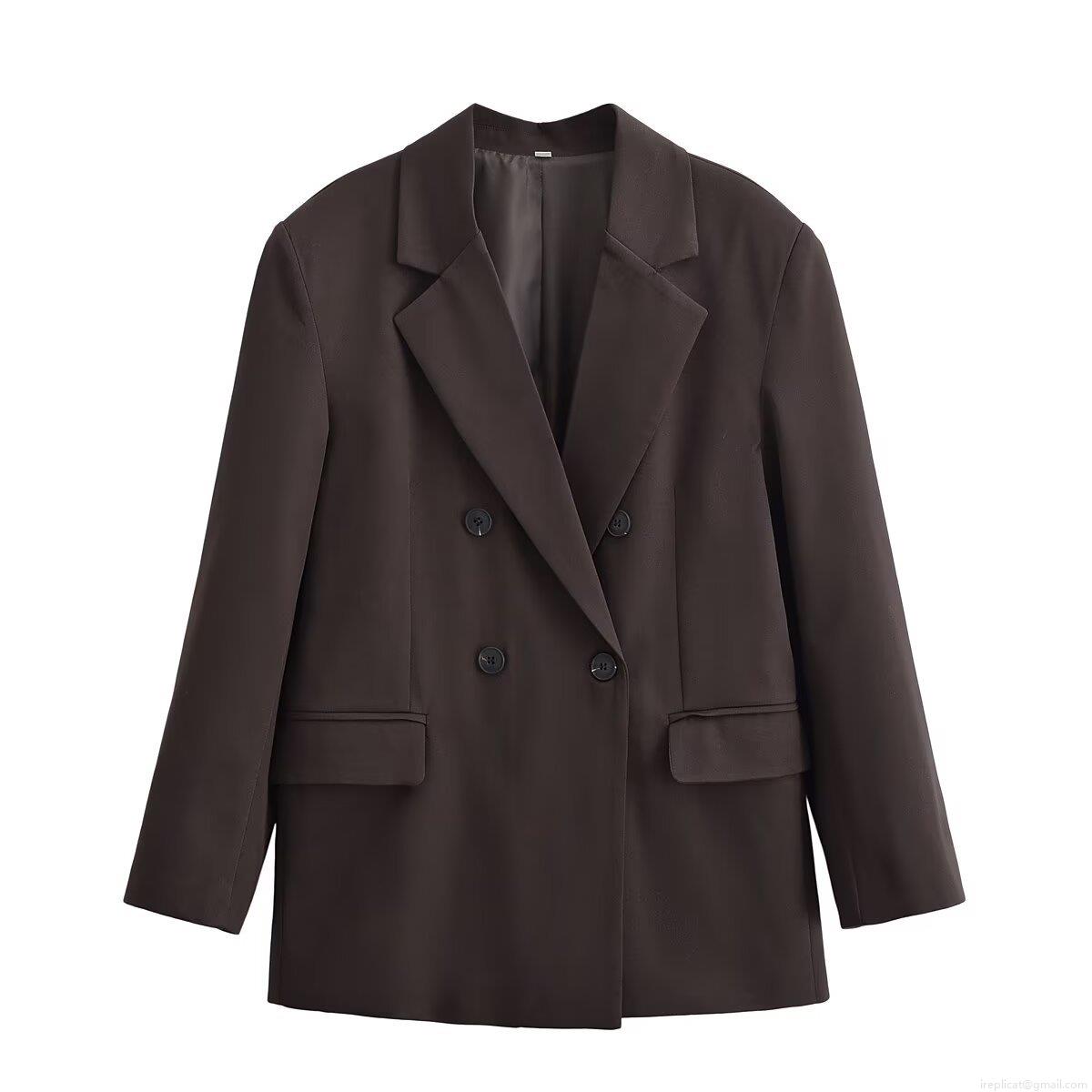 Women\'s Retro Double Breasted Blazer and Culottes Set With Metal Buckle Belt 100% Polyester Solid Color Two Piece Office Suit