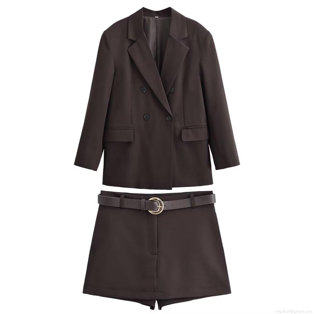 Women\'s Retro Double Breasted Blazer and Culottes Set With Metal Buckle Belt 100% Polyester Solid Color Two Piece Office Suit