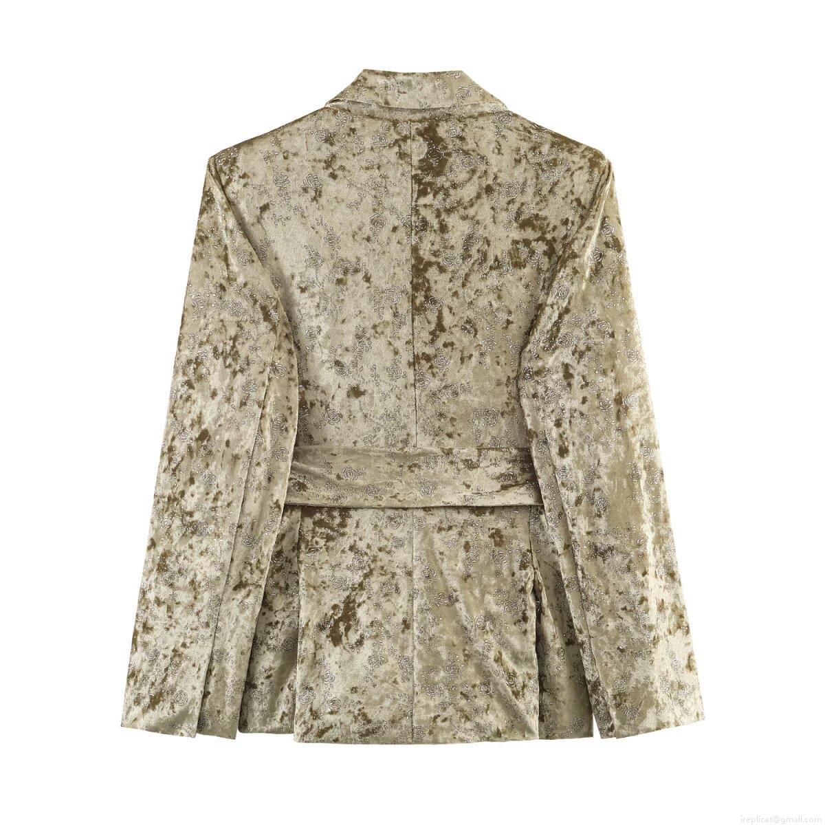 Women\'s Two Piece Velvet Suit Set Metallic Shimmer Blazer With Belt And Lantern Pants Elegant Embroidered Floral Office Party Set For Women