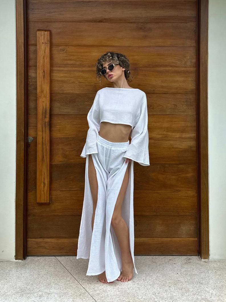 Women\'s Two-Piece Cotton Linen Set Sexy Crop Long Sleeve Top High Split Wide Leg Pants Summer Vacation Beach Outfit Casual Solid Color Streetwear For Women