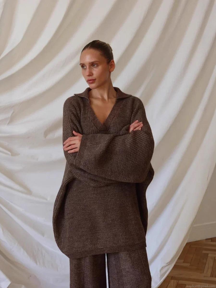 Women\'s Casual Knit Sweater Set Polo Collar Oversized Solid Color Long Sleeve Pullover With Wide Leg Pants Cozy Commuter Outfit