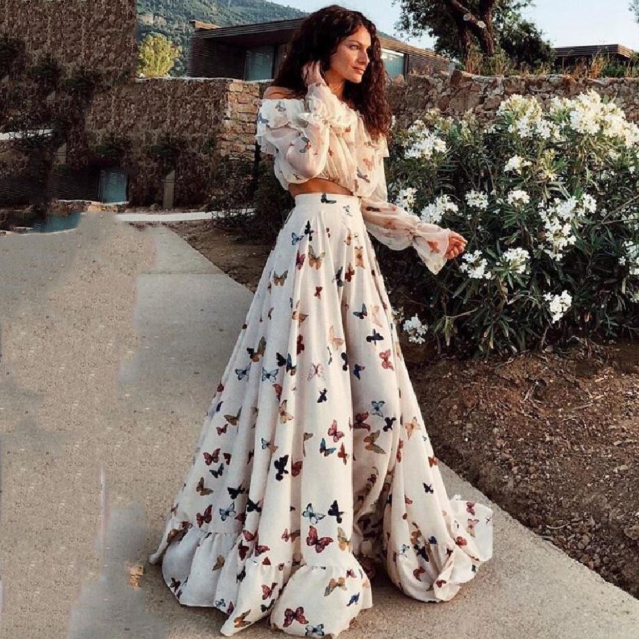 Women\'s Bohemian Butterfly Print 2-piece Set Off-shoulder Ruffle Crop Top And Large Swing Maxi Skirt Chiffon Long Sleeve Beach Vacation Elegant Outfits