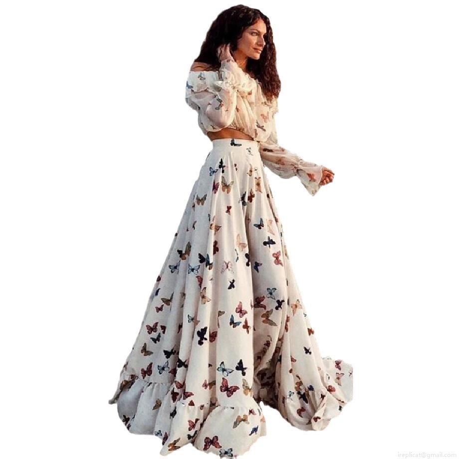 Women\'s Bohemian Butterfly Print 2-piece Set Off-shoulder Ruffle Crop Top And Large Swing Maxi Skirt Chiffon Long Sleeve Beach Vacation Elegant Outfits