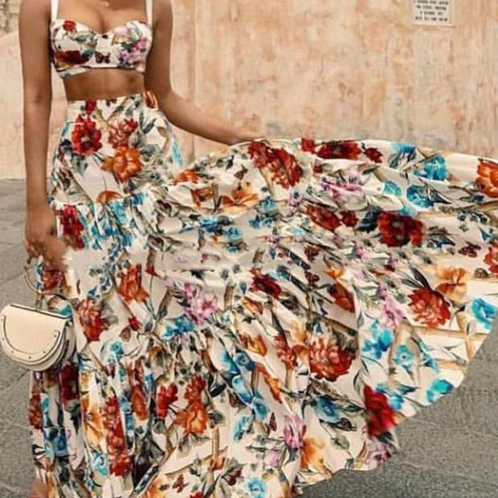Women's Two-Piece Printed Maxi Dress Set Spaghetti Strap Crop Top And Tiered Cake Skirt For Beach Vacation Mediterranean Style Boho Floral Summer Outfits