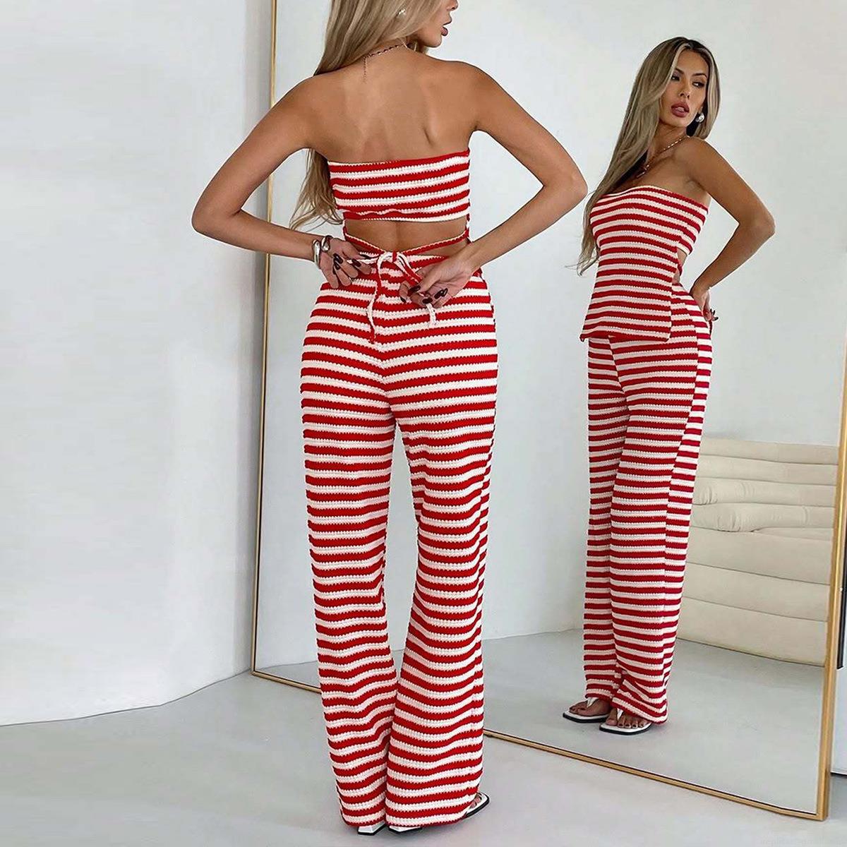 Women Sexy Red White Stripe Knit 2 Piece Set Backless Tube Top And High Waist Wide Leg Pants Casual Summer Vacation Beach Outfits