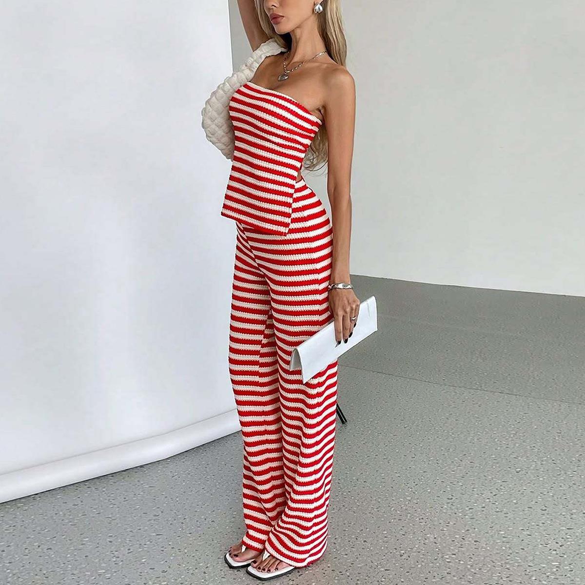 Women Sexy Red White Stripe Knit 2 Piece Set Backless Tube Top And High Waist Wide Leg Pants Casual Summer Vacation Beach Outfits