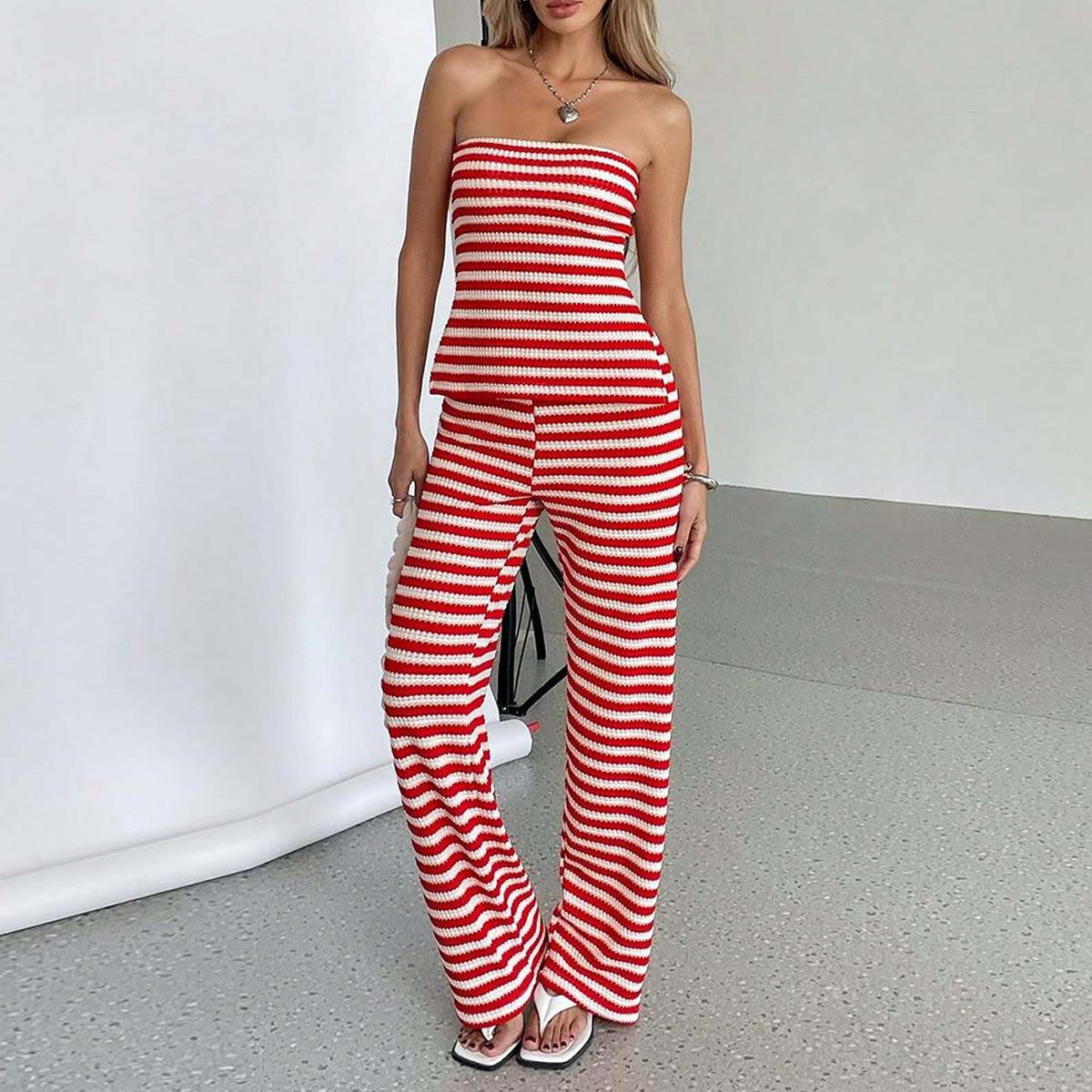 Women Sexy Red White Stripe Knit 2 Piece Set Backless Tube Top And High Waist Wide Leg Pants Casual Summer Vacation Beach Outfits