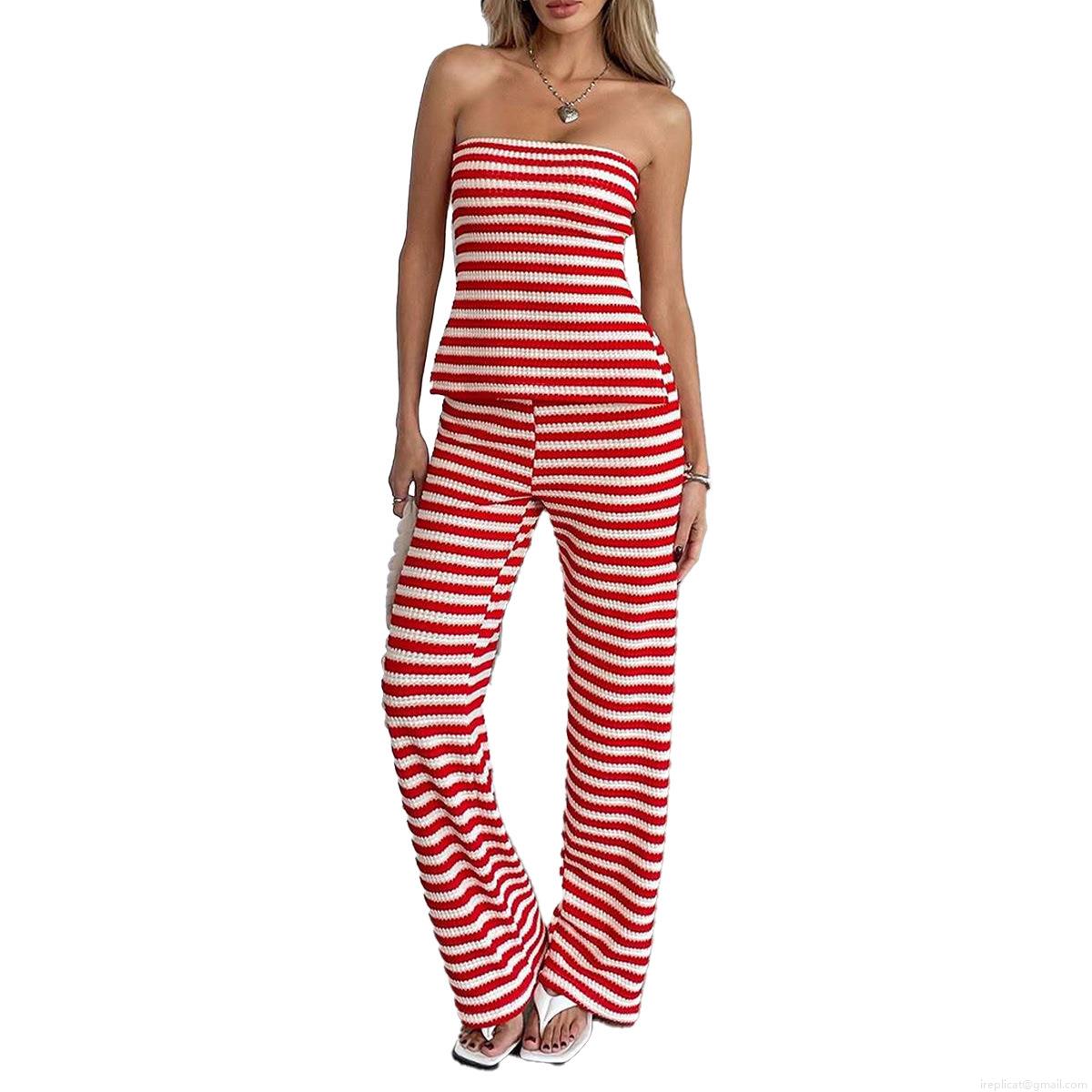 Women Sexy Red White Stripe Knit 2 Piece Set Backless Tube Top And High Waist Wide Leg Pants Casual Summer Vacation Beach Outfits