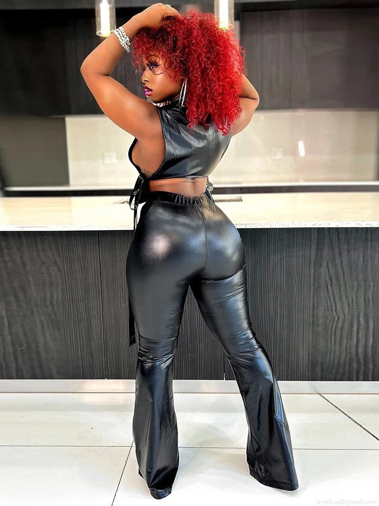 Women\'s Sexy Metallic PU Leather 2 Piece Outfits Sleeveless Zip Up Hollow Out Crop Top And High Waisted Flare Pants Set Streetwear Clubwear Party Suit