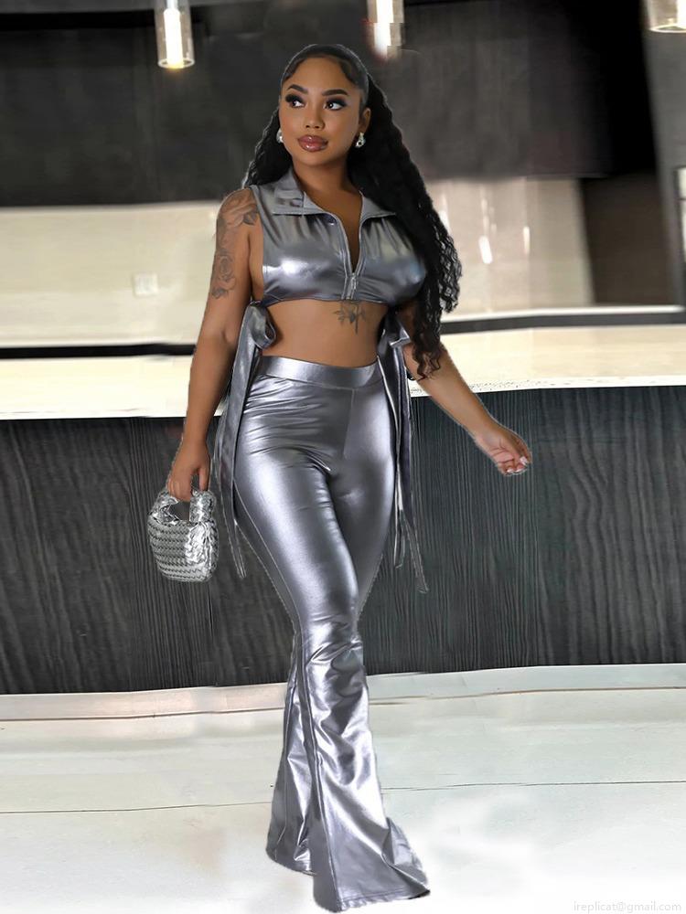 Women\'s Sexy Metallic PU Leather 2 Piece Outfits Sleeveless Zip Up Hollow Out Crop Top And High Waisted Flare Pants Set Streetwear Clubwear Party Suit