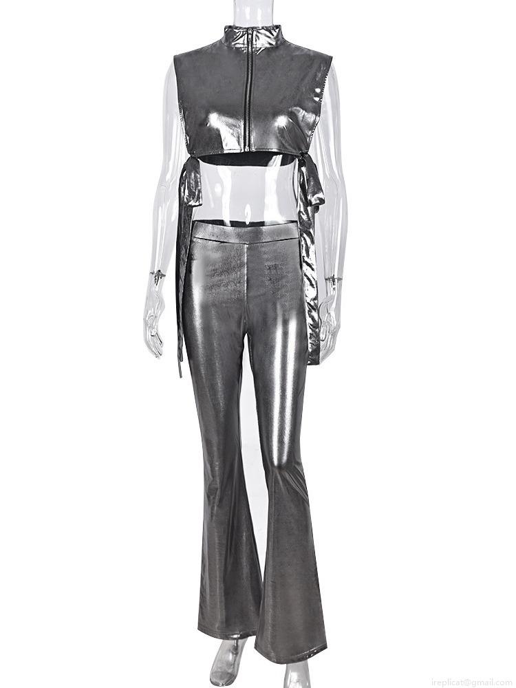 Women\'s Sexy Metallic PU Leather 2 Piece Outfits Sleeveless Zip Up Hollow Out Crop Top And High Waisted Flare Pants Set Streetwear Clubwear Party Suit