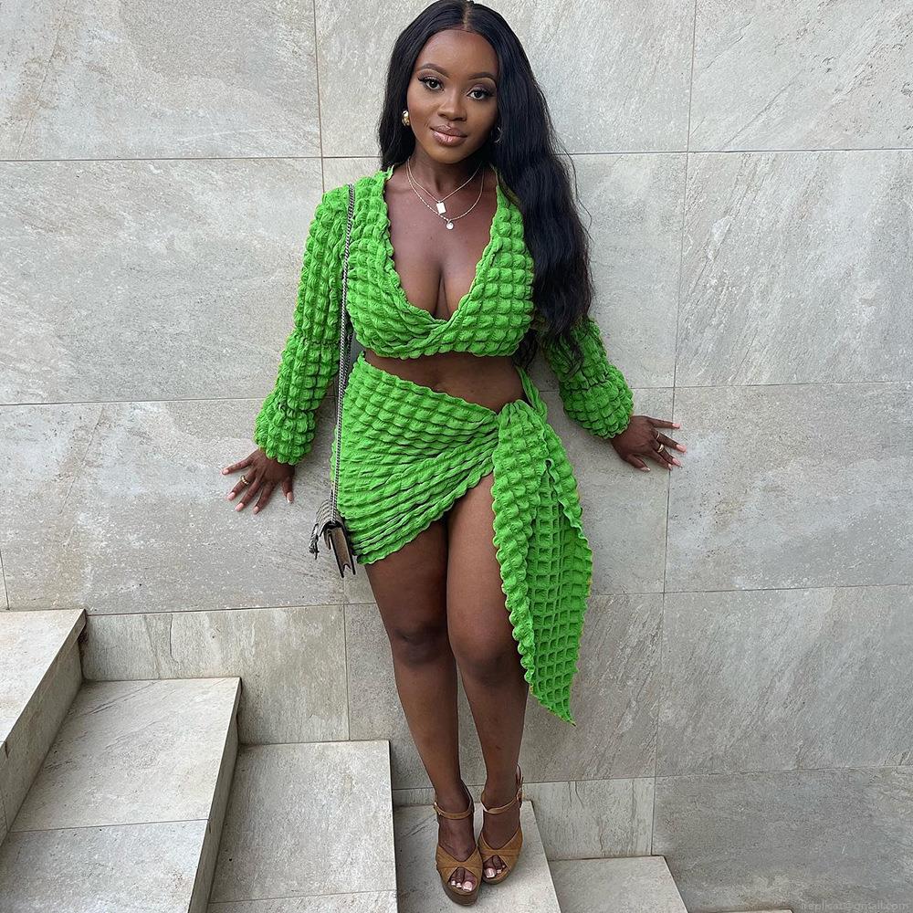 Women's Sexy Two Piece Set Popcorn Texture V Neck Long Sleeve Crop Top And Tie Side Mini Skirt Set Solid Color Street Style Party Outfits Women's Sexy Two Piece Set Popcorn Texture V Neck Long Sleeve Crop Top And Tie Side Mini Skirt Set Solid Color Street Style Party Outfits